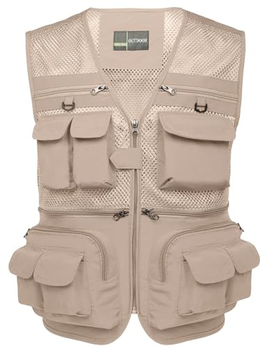Flygo Men's Fishing Vest Utility Lightweight Outdoor Travel Safari Photo Cargo Vest with 16 Pockets, Beige-mesh, 3XL