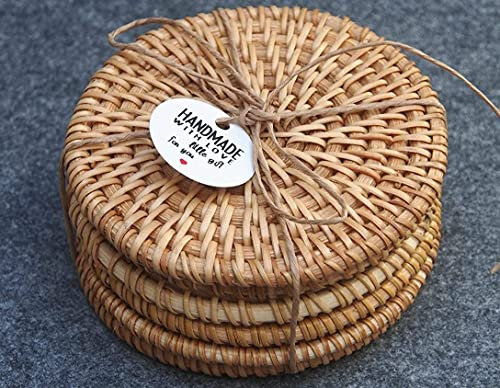 Wooloow Sottobicchieri per bevande in rattan per bicchieri, set da 6, sottobicchieri rotondi in vetro, sottobicchieri da tavolo naturali fatti a mano, per tazze da caffè e tè, bicchiere da vino, vaso