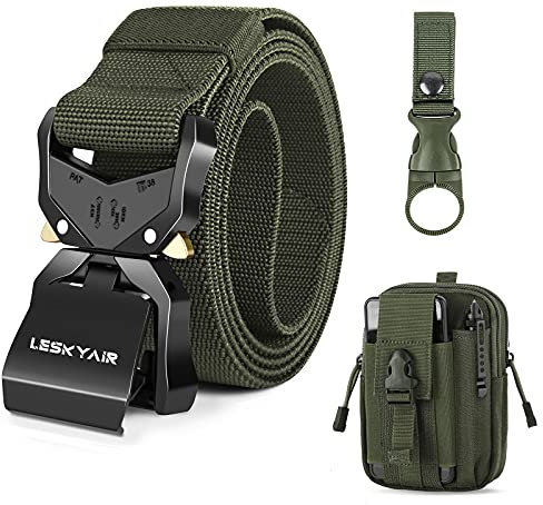 Leskyair Taktischer Herren-Gürtel, Militär-Arbeitsgürtel, 3,8 cm, Nylon, mit robuster Schnellverschluss-Metallschnalle, Geschenk mit MOLLE-Tasche und Flaschenclip, grün, One size