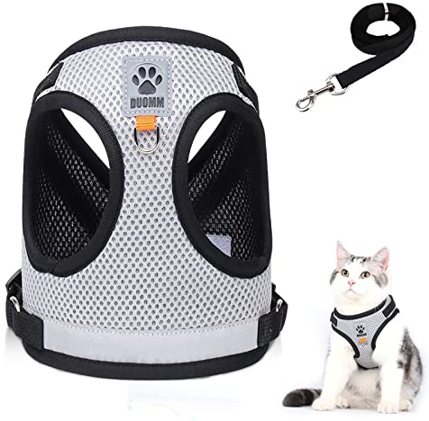 Cat Harness and Lead Set, Escape Proof Cat Kitten Walking Vest with Leash, Adjustable Soft Reflective Mesh Vest Harness and Lead for Small Medium Cats Pets (Grey, M)