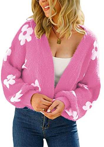 HEYPORK Damen Herbst Winter Warm Bequem Pullover Casual Mode Strickjacke Strickpullover Frauen Herbst Strickjacke StraßE Hipster Kurz Gestrickt Pullover Blumen Pullover(Rot, M)