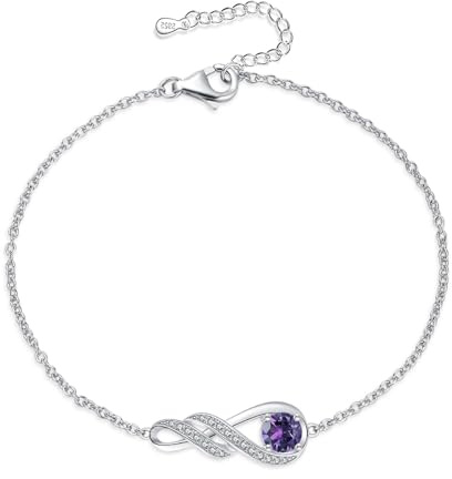 LOCIBLO February Birthstone Bracelets for Women 925 Sterling Silver Purple Created Amethyst Bracelet White Gold Infinity Pendant Jewellery, 6.7+1.2