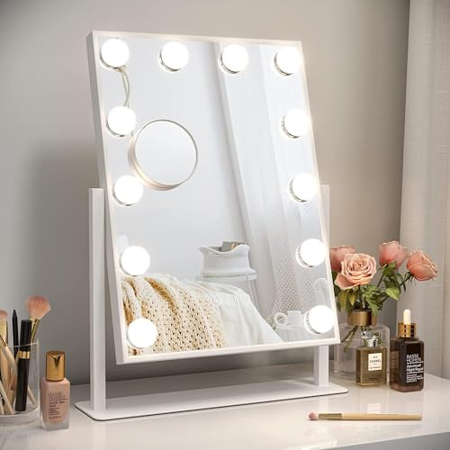 Dripex Specchio da Trucco con Luci, 41L x 30l cm Hollywood da Tavolo con Lampadine a 12 Led Tre Colori di Luce e Funzione di Luminosità Regolabile (Dimensioni con base: 48L x 36l cm)