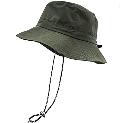 woogwin Sombrero de Lluvia Impermeable con Correa de Barbilla, de Secado rápido, Plegable, Sombrero de Safari, protección UV, Verde, M-XL