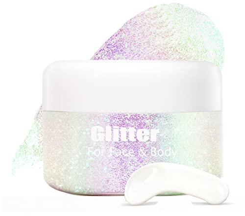 Holographic Body Glitter Gel, Biodegradable Face Glitter Gel Mermaid Liquid Eyeshadow Fine Glitter for Body, Face, Hair, Wedding Festival Glitter Long Lasting Sparkling 1.4 oz (#04)
