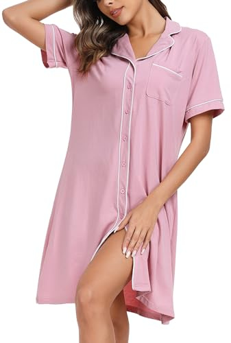 Wikoan Camicie da Notte Donna in Cotone, Camicia da Notte Allattamento Scollo a V Camicie Corta Bottoni Davanti Camicie da Notte Donna,Rosa,XXL