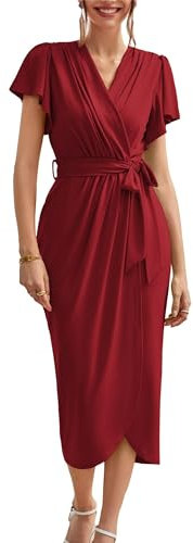 GRACE KARIN Elegant Dress for Women UK Red Ruffle Short Sleeve Summer Midi Dresses Formal Wrap Slit Bodycon Dress for Cocktail Wedding Valentine XL Size 20