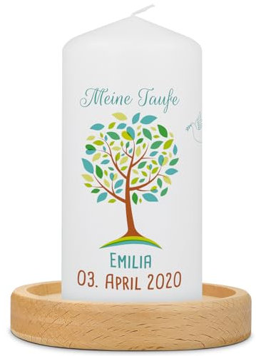 GRAVURZEILE Candela per battesimo con albero della vita con nome, data e battesimo – Candela di alta qualità 120/57 mm stampata brillantemente – regalo di battesimo personalizzato per ragazze e