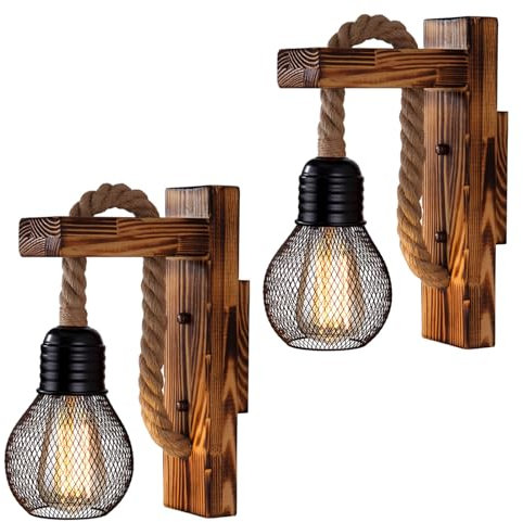 Industrielle Holz Eisen Hanf Seil Wandleuchte, 2 Stück kreative Persönlichkeit Lift Riemenscheibe Wandleuchten Leuchte Vintage Retro Lampe Leuchten für Schlafzimmer Restaurant Café (ohne Glühbirne)