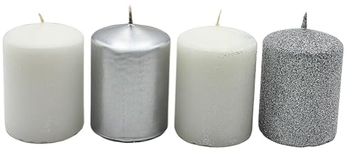 Dekohelden24 Velas de Adviento, velas de Adviento, velas de mesa, velas de bloque, velas de mesa en blanco plateado, contenido del envío: 4 unidades, 5 x 5 x 7 cm.