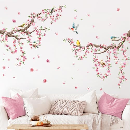 Supzone Stickers Muraux Branches de Cerisier en Fleurs & Oiseaux - Autocollant Mural Printanier Élégant - Déco Murale Amovible sans Trace pour Chambre Salon - Décoration Naturelle Éducative