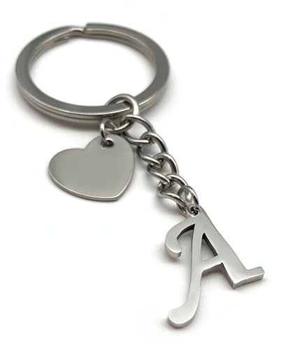 Porte Clef Lettre avec coeur - Initial A-Z nom Porte-clés - Acier inoxydable fait à la main - Petit ami petite amie partenaire voiture (A)