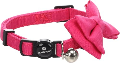 Flamingo Collier avec Nœud pour Chat Lomi Fuchsia - Taille 20-35cm x 10mm x 2mm - Réglable, Élégant et Confortable - Idéal pour Abyssin, Scottish Fold, Bengal & Siamois