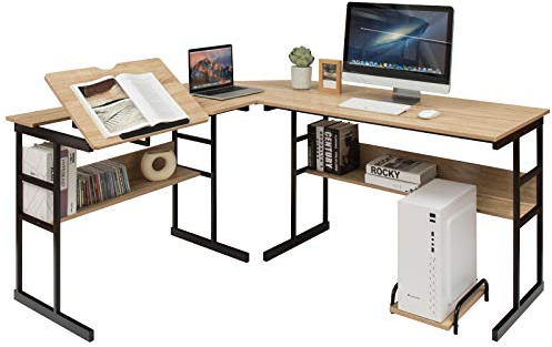 GIANTEX L-format hörnskrivbord, 170 cm, datorskrivbord med 2 hyllor, lutande bricka, centralenhetsstativ, datorbord, utrymmesbesparande, industriell stil (naturlig)