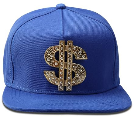 Yonghao Pavilion Men's Hip Hop Flat Brimmed Hat Flat Brim hat Dollar Sign Snapback Hat with Gold Crystal Emblem, Faux Leather Brim Hip hop Baseball Cap (US, Numeric, 7 3/8, Blue)