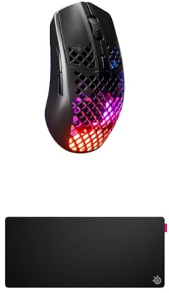 SteelSeries Aerox 3 Wireless Onyx - Holey RGB Gaming Mouse - Ultra-light Water Resistant Design - 18K DPI TrueMove Air Optical Sensor QcK XL Performance Speed Gaming Mousepad 900x400mm