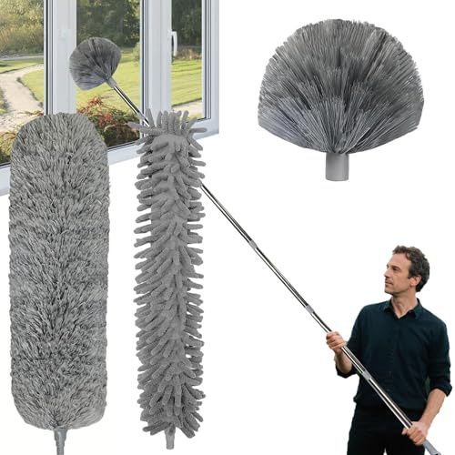 Staubwedel Teleskop 6m, Reinigungsset für Staubwedel mit Teleskopierbarer Verlängerungsstange 1,5 bis 4,9 m, Staubwischer Mikrofaser, Spinnwebenbesen mit Teleskopstiel für Decken, Jalousien