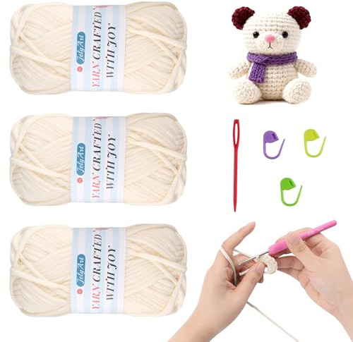 JelyArt Filato per Uncinetto per Principianti 3 X 50g Lana per Uncinetto Nessun Filato Diviso, Filato Spesso in Cotone per Uncinetto, Gomitolo di Filato di Cotone Semplice Filato per Maglia per