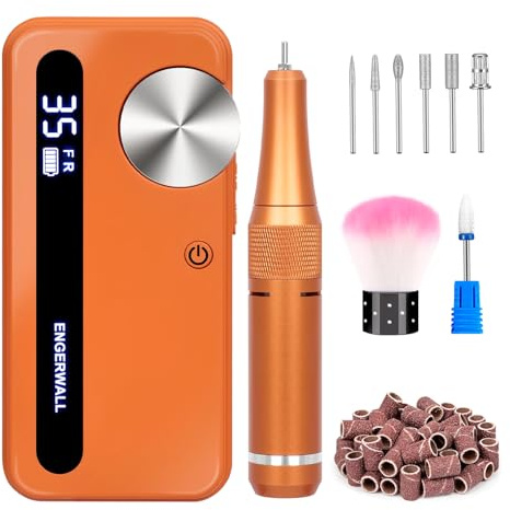 ENGERWALL Ponceuse pour Ongles Professionnelle 35000 tr/min, Lime à Ongles Électrique Rechargeable pour Gel Acrylique & Polygel, Kit Manucure Sans Fil avec 7 Embouts & 56 Bandes Abrasives, Orange