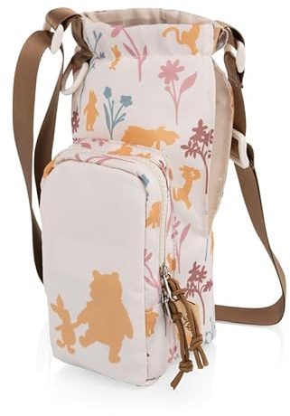 PICNIC TIME Disney Winnie the Pooh Eclipse 40 oz Tumbler Tote, Tumbler Carrier Crossbody Bag with Strap, Water Bottle Holder with Phone Pocket for 40 oz Tumblers, (Beige with Floral Silhouettes)