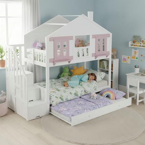 Soweiz Letto a castello con letto a rotelle, letto per bambini, appendiabiti, con bella finestra e tetto, scale con vano portaoggetti, stabile rete a doghe in pino + MDF, bianco+rosa, 90 x 200 cm