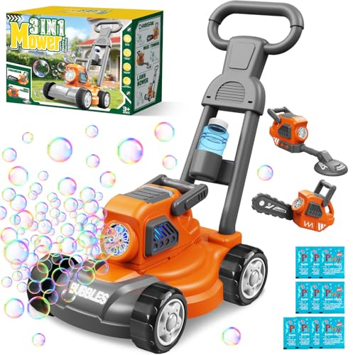 Tosaerba Spara Bolle per Bambini, Macchina per Bolle 3-in-1 con 10 Soluzioni, Giochi all'Aperto per Bambini 3-8 Anni, Regalo di Compleanno Pasqua Estate per Ragazzi e Ragazze 3 4 5 6 7 8 Anni