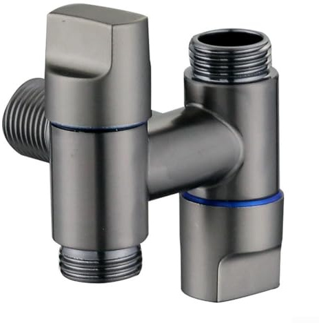 Válvula de ángulo de salida doble, llave de paso de control dual de latón con apagado automático, cabezal de grifo multifunción de rosca de 4 puntos para fontanería interior y exterior, gris plateado
