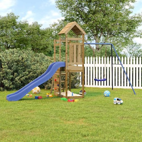 Runheo Torre de juego de madera de pino tratada a presión con columpio, tobogán ondulado, pared de escalada, escalera, arenero y pedestal de 90 cm, para jardín, patio y terraza