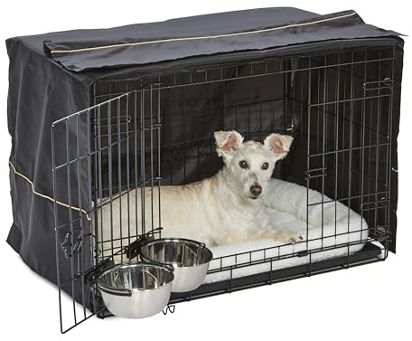 MidWest Homes for Pets - Kit di base iCrate a doppia porta, 76 cm, per cani di razze medie, include gabbia, cuccia per animali domestici, 2 ciotole e copertura per la privacy