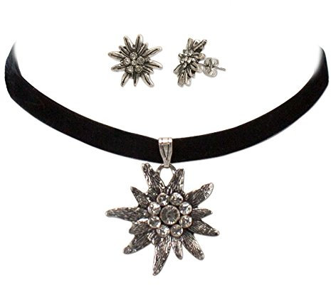 Schmuckset Trachtenkette Samt & Edelweiß-Ohrstecker - Damen Samt-Kropfband und Ohrringe, Kropfkette elastisch, Trachtenohrringe für Trachtenbluse, Dirndlkette enganliegend, Oktoberfest (schwarz)