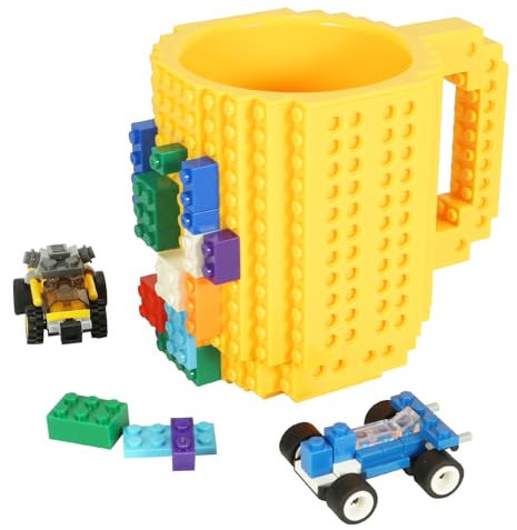 Lumsburry Build-on Bricks Tassen Becher, Kreative DIY Kaffeetasse Baustein Kaffee Tee Trinken Spaß Trinken Geschenk (Gelb)