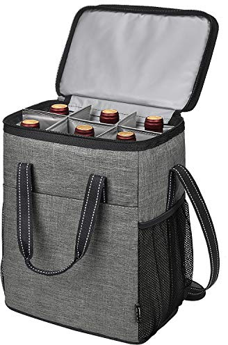 Kato Tirrinia 6 Bottle Wine Cooler Bag, Insulated Leakproof Padded Wine Carrier, Portable Bottle Cool Bag for Picnic, Camping and Beach, Wine Gifts, Grey