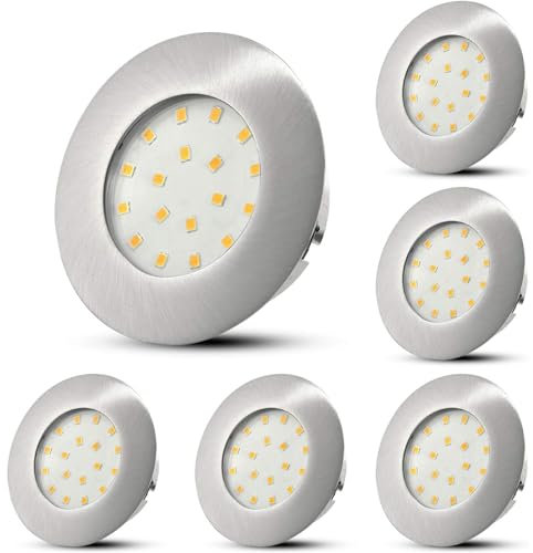 HiBay 6er Set Einbaustrahler LED 5W Flach LED Spots 230V 60mm-68mm Rund Nickel Deckenspots Warmweiß 500LM, Nicht Dimmbar
