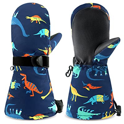 SEYUFN Gant Enfant Hiver Thermique Chaud Garçon Gants Ski Fille Polaire Doublure Étanche Bebe Moufle Enfants PU Paume Réglable Mitaine Sport Snowboard 1-6 Ans(Dinosaure Marine-Orange,4-6 ans)