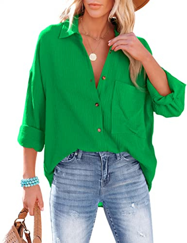 NONSAR Damblus, ledig skjorta med V-ringning i 100 % bomull, lös passform, solid topp, tjock topp, elegant med ficka, Färg: grön, XXL