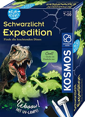 KOSMOS 654276 Fun Science Schwarzlicht-Expedition, Ausgrabungsset, Experimentierkasten für Kinder, nachtleuchtende Dino-Figuren, mit UV-Lampe, Tyrannosaurus Rex