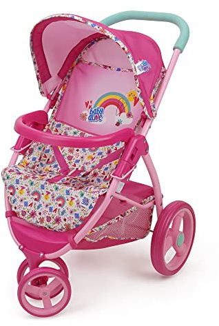 Baby Alive: Doll Jogging Stroller - Pink & Rainbow - Fits Dolls Up to 24, Retractable Canopy, Front Bumper Bar, Swivel Wheels, Safety Harness, Pretend Play for Kids Ages 3+