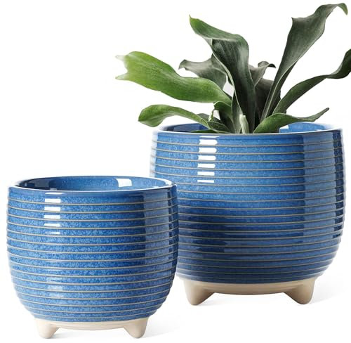 LE TAUCI Pack de 2 Macetas de Cerámica con Pies, Juego de Macetas Pequeñas de 12+16 Cm de Diámetro, Macetas Decorativas Interior con Orificio de Drenaje, Esmalte Reactivo Azul