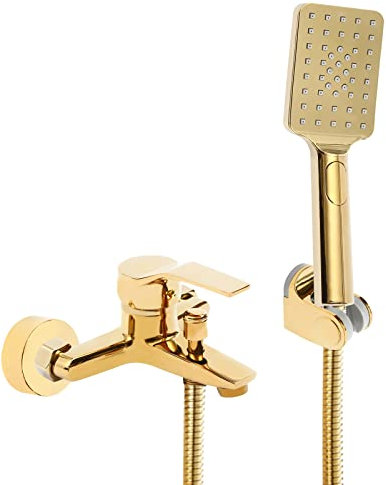 Robinet de baignoire doré - Ensemble complet de douche à effet pluie - Cuivre de qualité supérieure - Double contrôle - éclaboussures d'eau polyvalentes - Design moderne