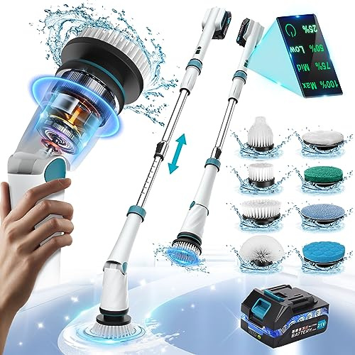 Zordin Battery Electric Scrubber for Cleaning Bathroom,1200RPM 21V Spin Scrubber Electric Spin Brush for Cleaning, 50'' Cordless Power Shower Scrubber W/ 8 Brushes for Grout Tile Tub Floor