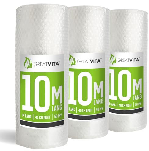 3x Luftpolsterfolie 40cm x 10m (50my) | Versand- und Verpackungsfolie für Umzüge | Schutzpolsterfolie für empfindliche Gegenstände | 100% recycelbar, Premiumqualität Noppenfolie Rolle | GreatVita