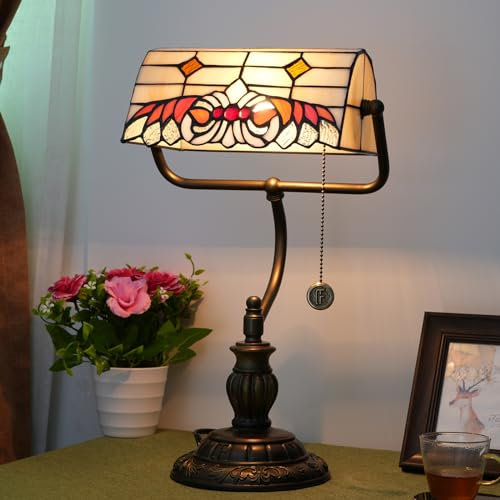 AIBOTY Barocke Tischlampe, Banker-Lampe im Tiffany-Stil, orange-weißes Buntglas, Schlafzimmer-Nachttischlampe, Labor-Büro-Schreibtisch-Dekorationslampe mit Zugkettenschalter