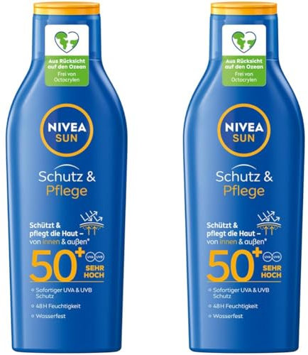 NIVEA SUN Schutz & Pflege Sonnenmilch LSF 50+ (200 ml), Sonnencreme für 48h Feuchtigkeit, sofortiger Sonnenschutz mit hochwirksamem UVA/UVB-Filtersystem (Packung mit 2)