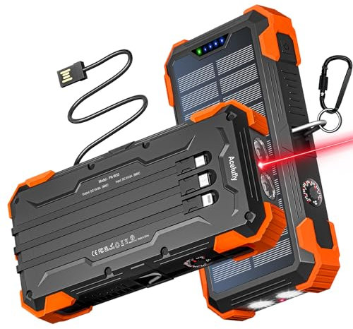 Solar Powerbank 26800mAh mit 4 Kabeln und Thermometer, Powerbank USB-C 15W Schnellladung 6 Ausgänge 3 Eingänge für Handy, Outdoor Externer Akku mit Taschenlampen (SOS), Rotlicht