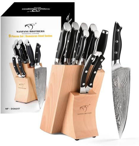NANFANG BROTHERS Knife Set, 9 Piece Knife Block Set with Damascus Steel, Kitchen Knife Set Sharpening for Chef Knife, Meat Scissors, Carving Fork, Ergonomic Handle