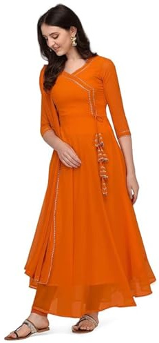 Estationeryhouse Women's Georgette Anarkali Kurta Kurti with Dupatta (Bottoms not included) (Large, Orange)