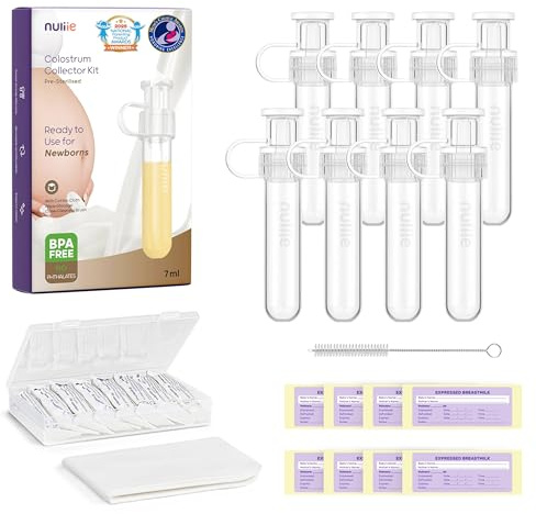 Nuliie Colostrum Collector Kit 7ml/8pcs, Leakproof, Reusable Breast Milk Collector, Heat & Freezer Resistant, BPA-Free, With Cotton Cloth Wipe, Storage Case, Cleaning Brush - Ready-to-Use for Newborns