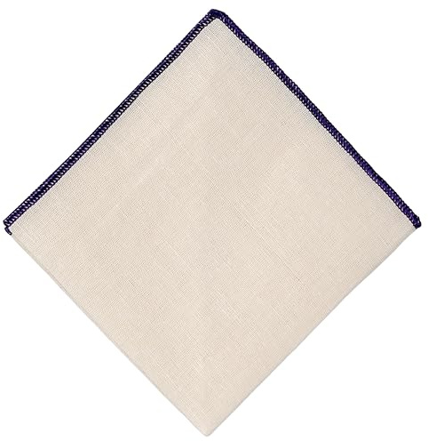 Hell Blues Cuadrado de bolsillo para hombre, lino blanco roto con borde bordado de color, accesorios para bodas, eventos formales, 24 cm x 24 cm