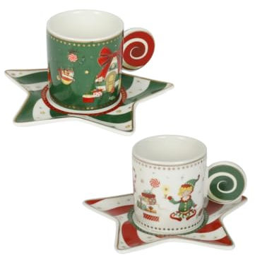 Brandani 84560 TAZZINA CAFFE ELFOMAGIA BIANCO/VERDE SET 2 PZ NEW BONE CHINA, cm 12,5x12,5x6h, 60 ml, decori natalizi di bianco, verde, rosso, Lavastoviglie, Microonde, Forno, Freezer