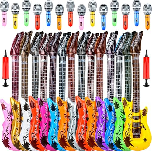 30 Pack Inflatable Rock Star Toy Set include 14 Pcs Inflatable Guitar Bulks 14 Pcs Blow up Microphone and 2 Pcs Red Air Pump for 80s 90s Musical Party Favors